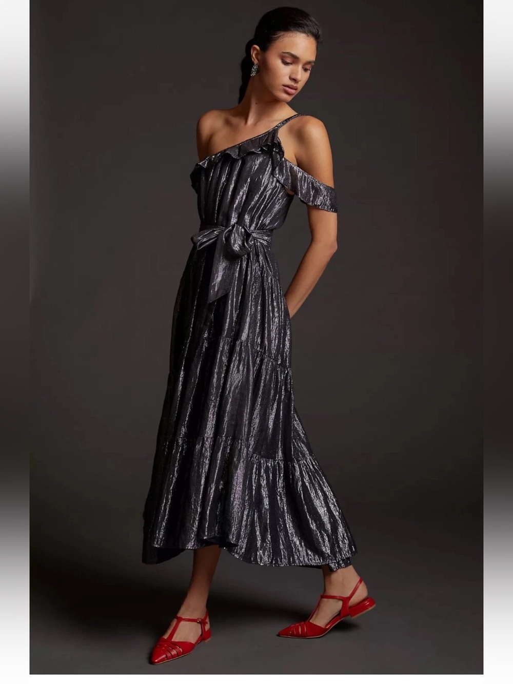 Anthropologie Maeve Ruffled One Shoulder Midi Dress Small XS